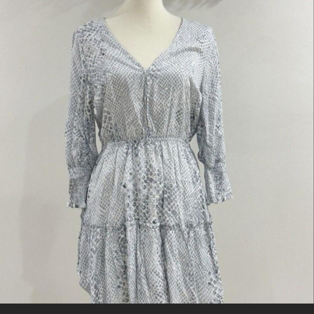 Buddy Love M Gray Snakeskin Print Long Sleeve Rushed Wrists Dress Boho Tiered
